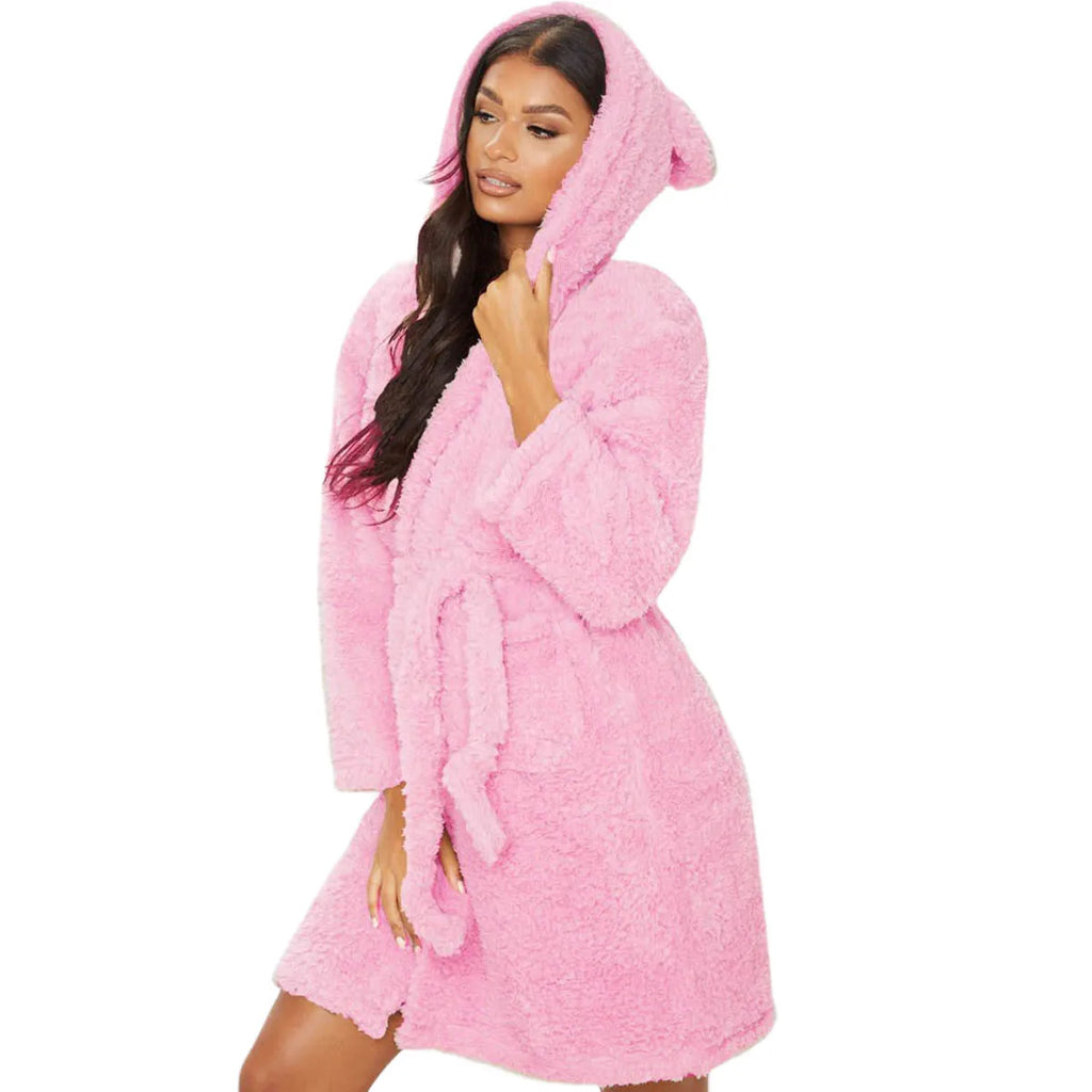 Winter Warm Casual Robes Woman Ear Hooded Bathrobe Plush Robe V Neck Long Sleeve Shawl Kimono Warm Bath Robes Coat