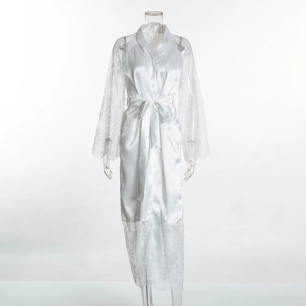 HNMCHIEF Women Pajamas Coat Robe Silky Women Floral Bathrobe Kimono Lace Sleep Robe Long Wedding Bridesmaid Silk Bride Summer