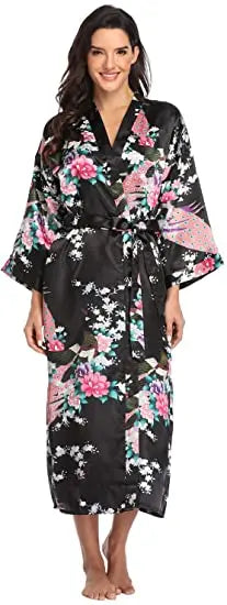 Hot Sale Black Summer Satin Kimono Bathrobe Women Bride Bridesmaid Wedding Robe Dress Gown Sexy Flower Long Sleepwear M-3XL