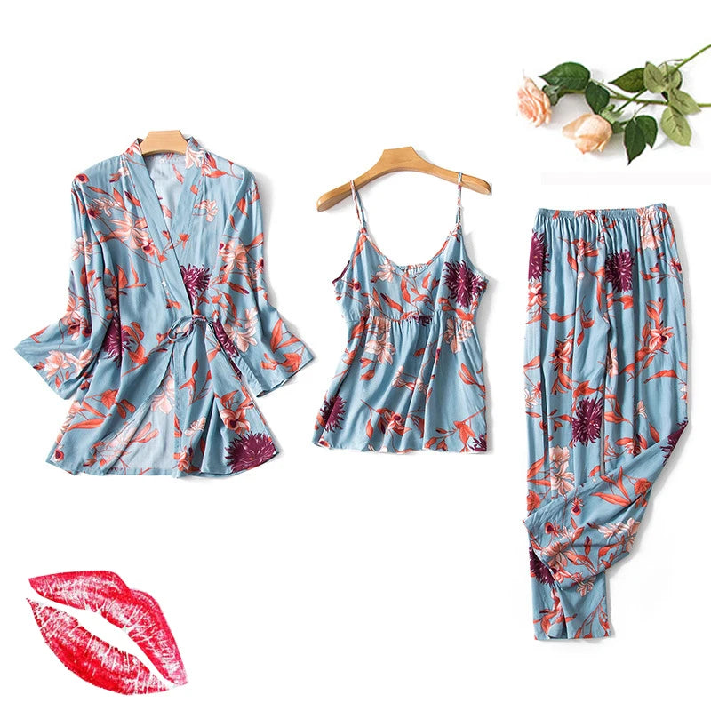 Women Sexy Pajama Sleepwear Sets Floral Printed Pyjama Femme Robe for Ladies Home Suit Spring Summer Nightwear Pijama 3 Pieces