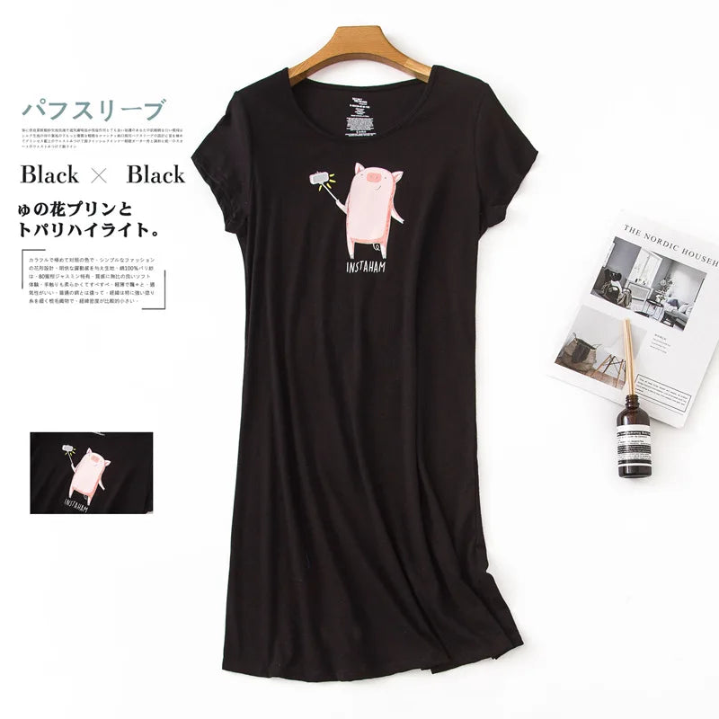 Brand Designer Homewear Women Casual Cartoon Nightgown Ladies Cotton Nightdress Female Round Collar High Quality Sleep Dress
