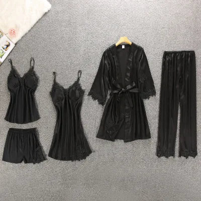 Daeyard Women's Pajamas Silk Floral Overall Print 5Pcs Pajama Set Satin Pyjamas Sexy Lace Pijama Nightie Sleepwear Home Clothes