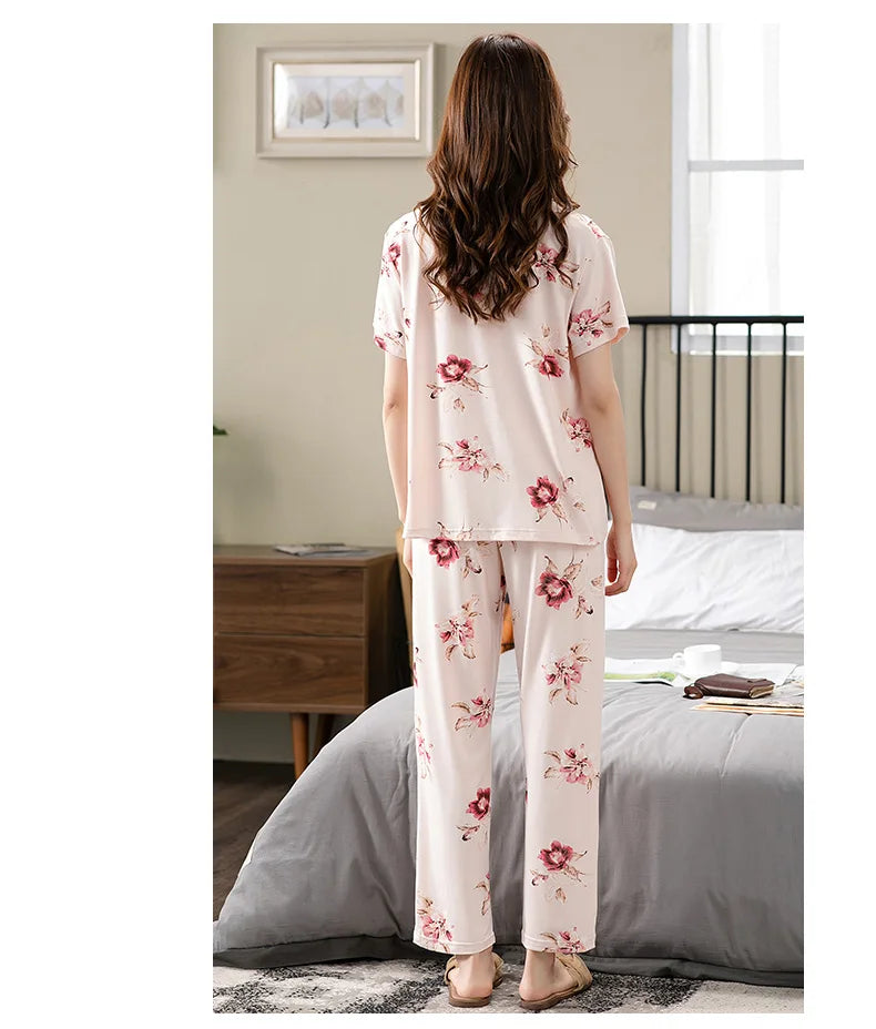 Fashion Summer Small Floral Pyjamas Women Nightgown Big Yards 4XL Sleepshirts Short-Sleeve Nightie Pajama Modal Cotton Sleepwear
