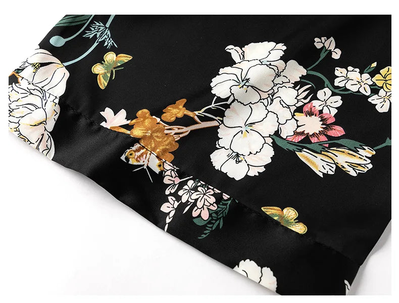 Kimono Robe Gown Print Flower Women Sleepwear Bathrobe Summer Nightgown Casual Silky Nightwear Satin Nightdress Home Clothes