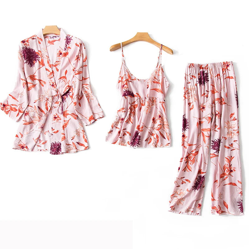 Women Sexy Pajama Sleepwear Sets Floral Printed Pyjama Femme Robe for Ladies Home Suit Spring Summer Nightwear Pijama 3 Pieces
