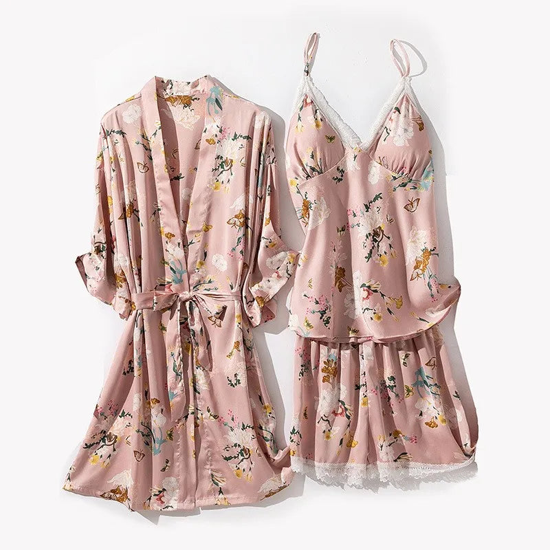 Kimono Robe Gown Print Flower Women Sleepwear Bathrobe Summer Nightgown Casual Silky Nightwear Satin Nightdress Home Clothes