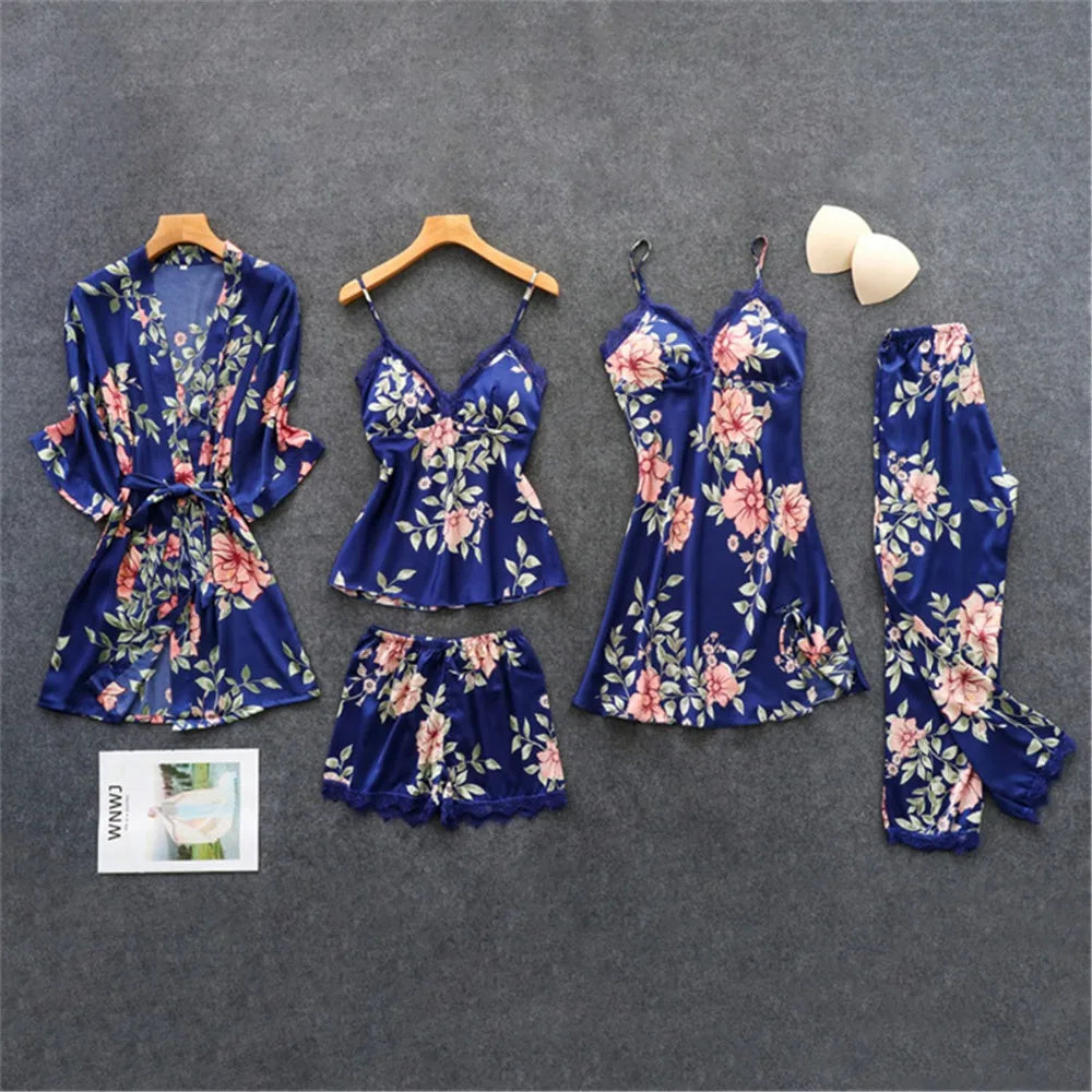 Daeyard Women's Pajamas Silk Floral Overall Print 5Pcs Pajama Set Satin Pyjamas Sexy Lace Pijama Nightie Sleepwear Home Clothes