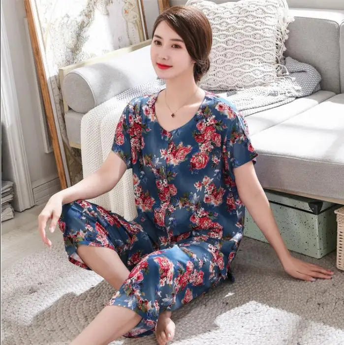 2PC Women Cotton Pajamas Set Summer New Thin Floral Short Sleeve Loose Sleepwear Casual Homewear Female Pyjamas  3XL
