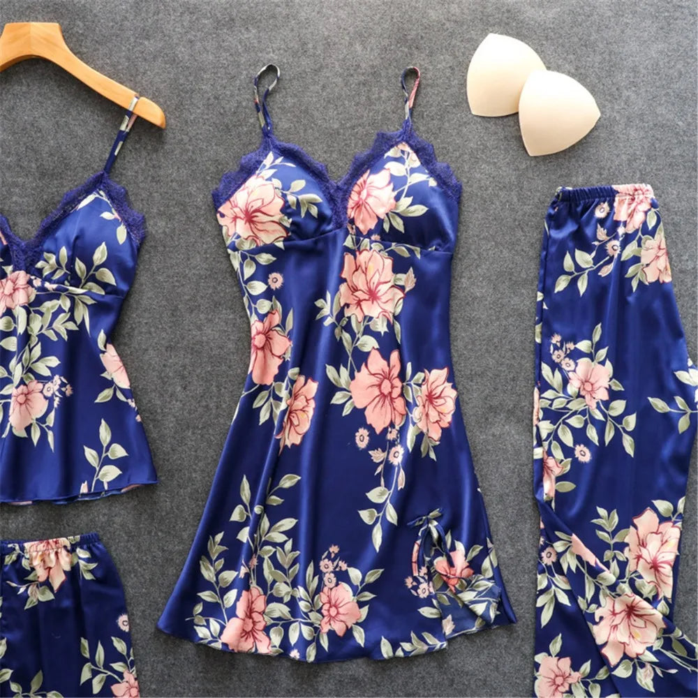 Daeyard Women's Pajamas Silk Floral Overall Print 5Pcs Pajama Set Satin Pyjamas Sexy Lace Pijama Nightie Sleepwear Home Clothes