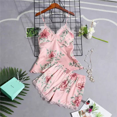 Daeyard Women's Pajamas Silk Floral Overall Print 5Pcs Pajama Set Satin Pyjamas Sexy Lace Pijama Nightie Sleepwear Home Clothes