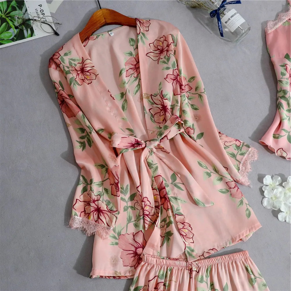 Daeyard Women's Pajamas Silk Floral Overall Print 5Pcs Pajama Set Satin Pyjamas Sexy Lace Pijama Nightie Sleepwear Home Clothes