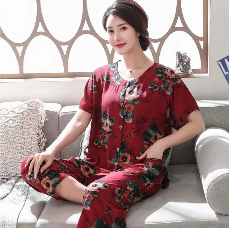 2PC Women Cotton Pajamas Set Summer New Thin Floral Short Sleeve Loose Sleepwear Casual Homewear Female Pyjamas  3XL