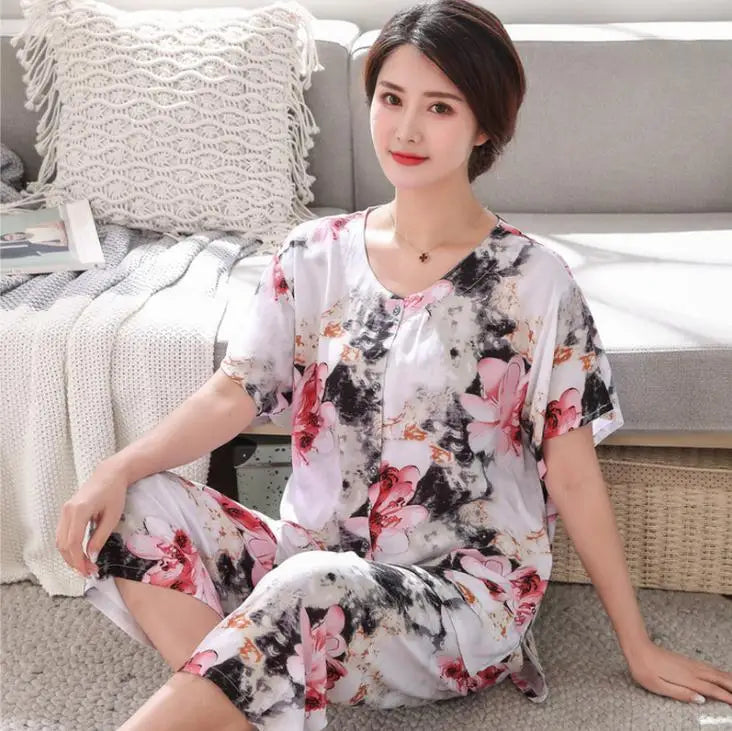 2PC Women Cotton Pajamas Set Summer New Thin Floral Short Sleeve Loose Sleepwear Casual Homewear Female Pyjamas  3XL