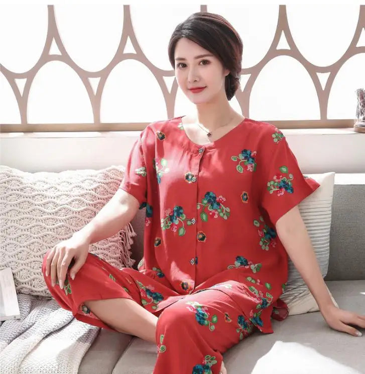 2PC Women Cotton Pajamas Set Summer New Thin Floral Short Sleeve Loose Sleepwear Casual Homewear Female Pyjamas  3XL