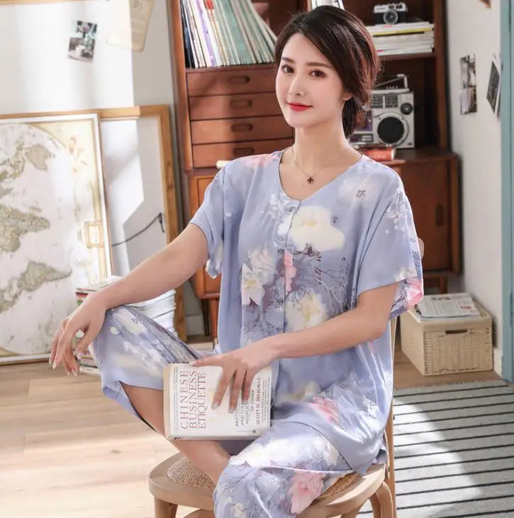 2PC Women Cotton Pajamas Set Summer New Thin Floral Short Sleeve Loose Sleepwear Casual Homewear Female Pyjamas  3XL