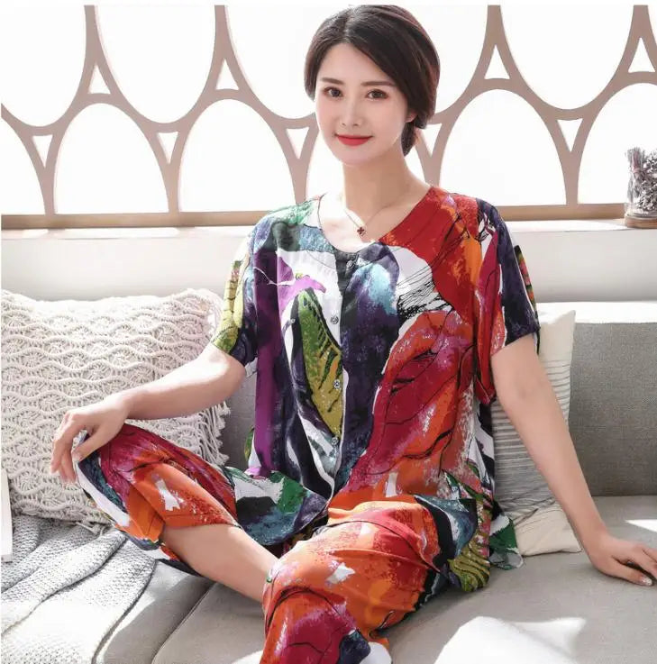 2PC Women Cotton Pajamas Set Summer New Thin Floral Short Sleeve Loose Sleepwear Casual Homewear Female Pyjamas  3XL