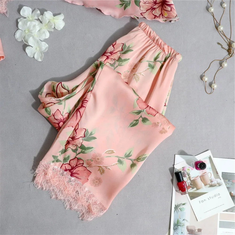 Daeyard Women's Pajamas Silk Floral Overall Print 5Pcs Pajama Set Satin Pyjamas Sexy Lace Pijama Nightie Sleepwear Home Clothes