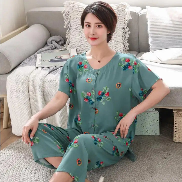 2PC Women Cotton Pajamas Set Summer New Thin Floral Short Sleeve Loose Sleepwear Casual Homewear Female Pyjamas  3XL