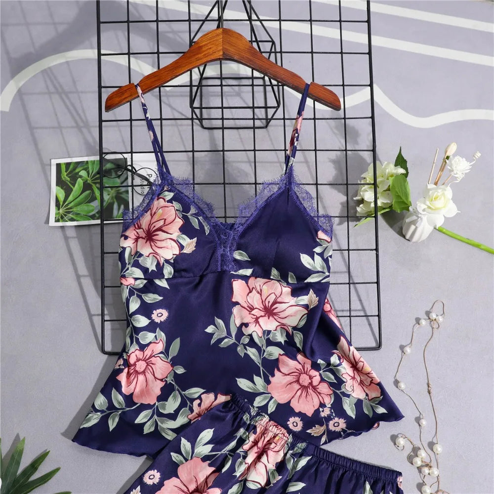 Daeyard Women's Pajamas Silk Floral Overall Print 5Pcs Pajama Set Satin Pyjamas Sexy Lace Pijama Nightie Sleepwear Home Clothes