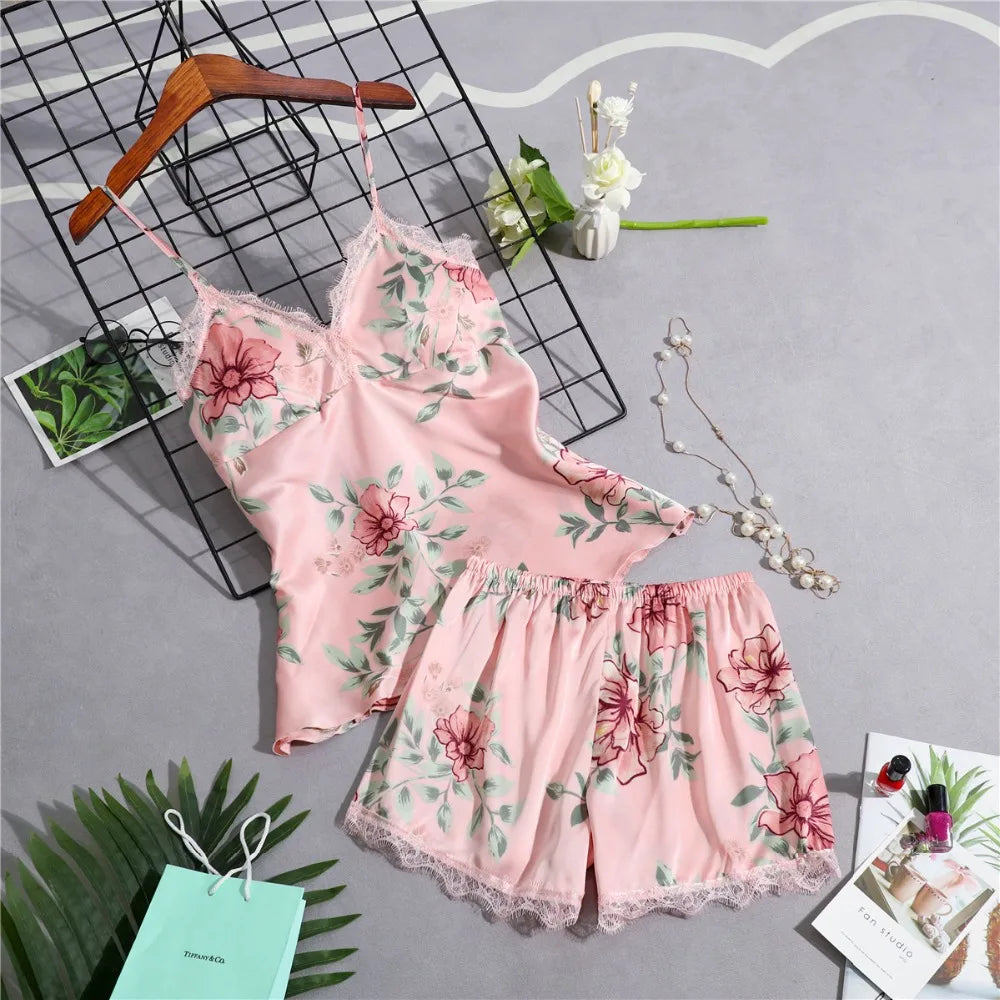 Daeyard Women's Pajamas Silk Floral Overall Print 5Pcs Pajama Set Satin Pyjamas Sexy Lace Pijama Nightie Sleepwear Home Clothes