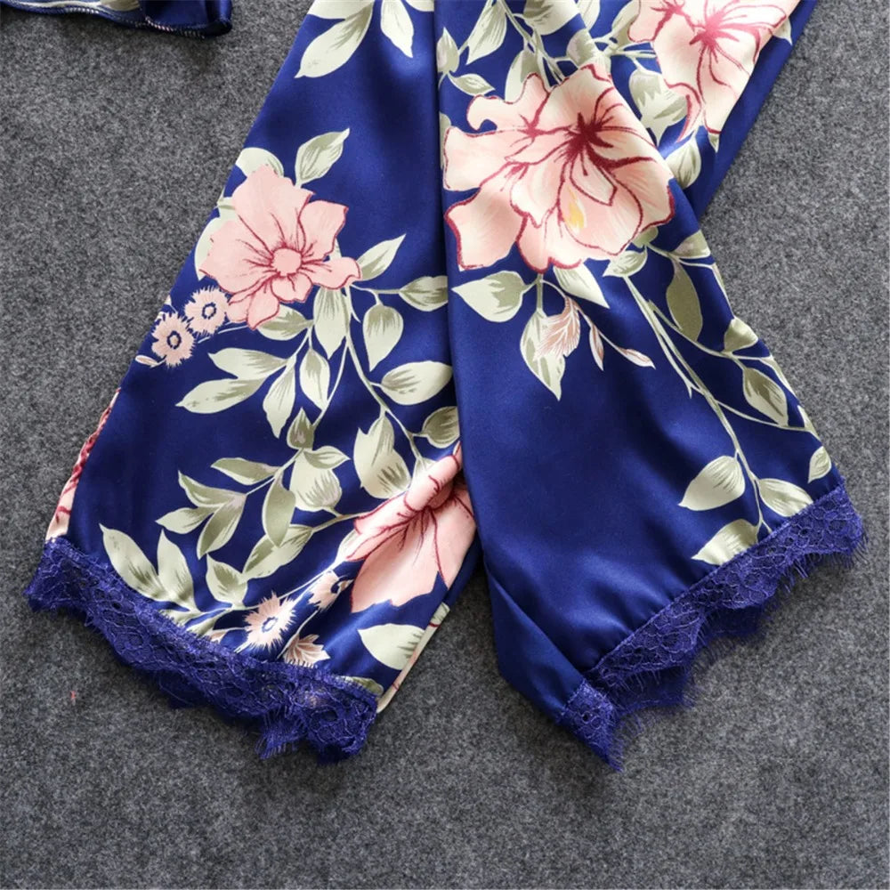 Daeyard Women's Pajamas Silk Floral Overall Print 5Pcs Pajama Set Satin Pyjamas Sexy Lace Pijama Nightie Sleepwear Home Clothes