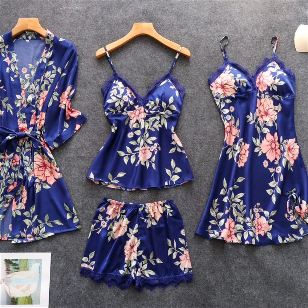 Daeyard Women's Pajamas Silk Floral Overall Print 5Pcs Pajama Set Satin Pyjamas Sexy Lace Pijama Nightie Sleepwear Home Clothes