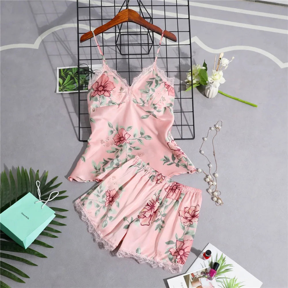 Daeyard Women's Pajamas Silk Floral Overall Print 5Pcs Pajama Set Satin Pyjamas Sexy Lace Pijama Nightie Sleepwear Home Clothes