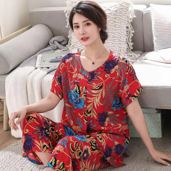2PC Women Cotton Pajamas Set Summer New Thin Floral Short Sleeve Loose Sleepwear Casual Homewear Female Pyjamas  3XL