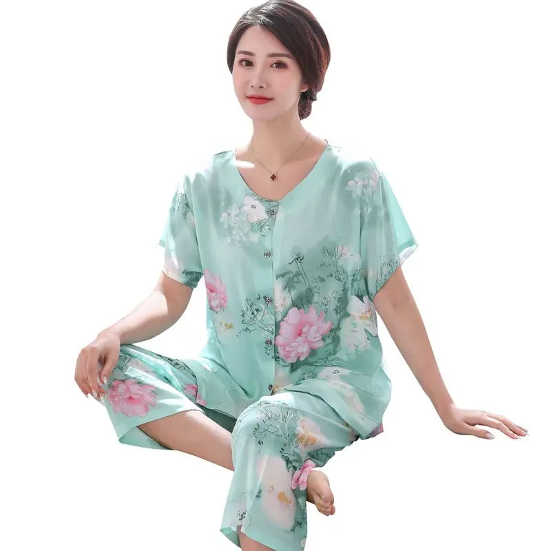 2PC Women Cotton Pajamas Set Summer New Thin Floral Short Sleeve Loose Sleepwear Casual Homewear Female Pyjamas  3XL