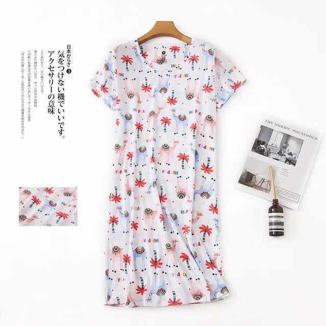 Brand Designer Homewear Women Casual Cartoon Nightgown Ladies Cotton Nightdress Female Round Collar High Quality Sleep Dress