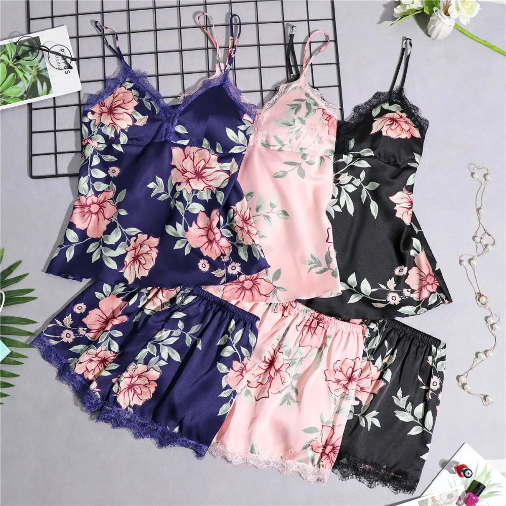 Daeyard Women's Pajamas Silk Floral Overall Print 5Pcs Pajama Set Satin Pyjamas Sexy Lace Pijama Nightie Sleepwear Home Clothes