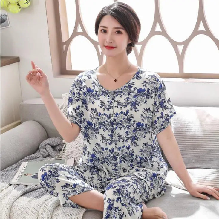 2PC Women Cotton Pajamas Set Summer New Thin Floral Short Sleeve Loose Sleepwear Casual Homewear Female Pyjamas  3XL