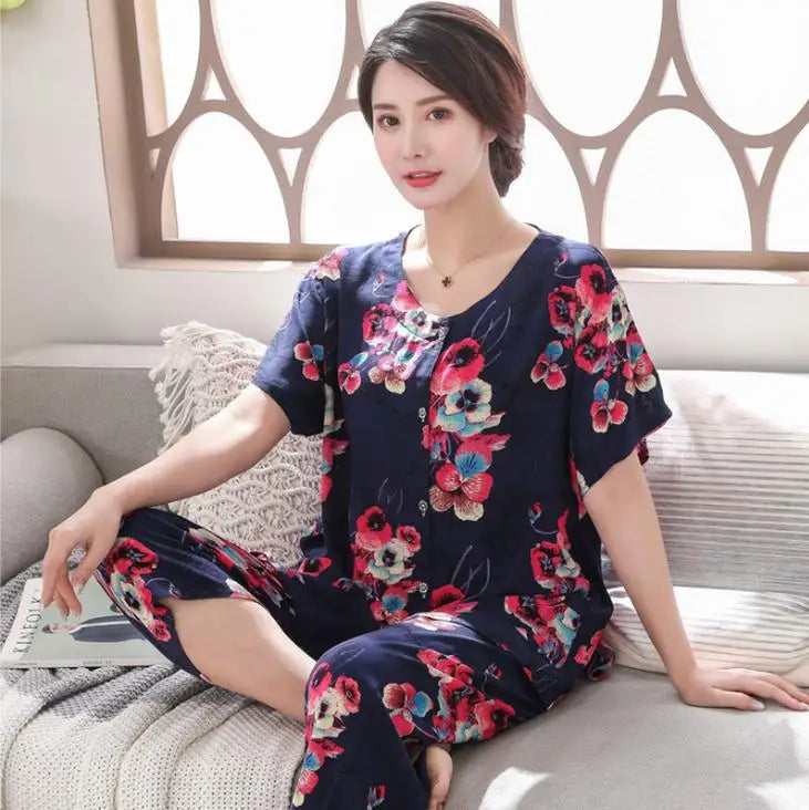 2PC Women Cotton Pajamas Set Summer New Thin Floral Short Sleeve Loose Sleepwear Casual Homewear Female Pyjamas  3XL