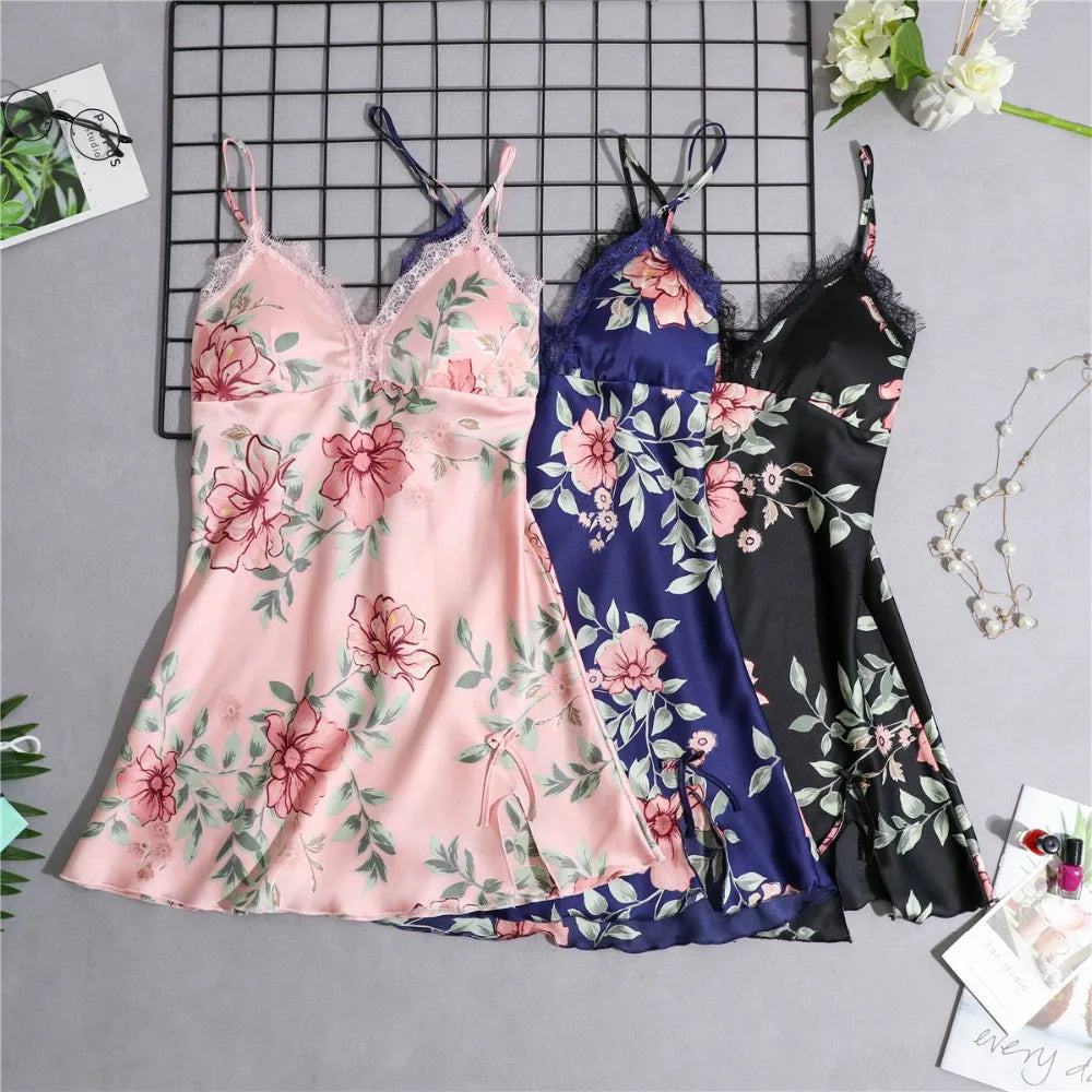 Daeyard Women's Pajamas Silk Floral Overall Print 5Pcs Pajama Set Satin Pyjamas Sexy Lace Pijama Nightie Sleepwear Home Clothes