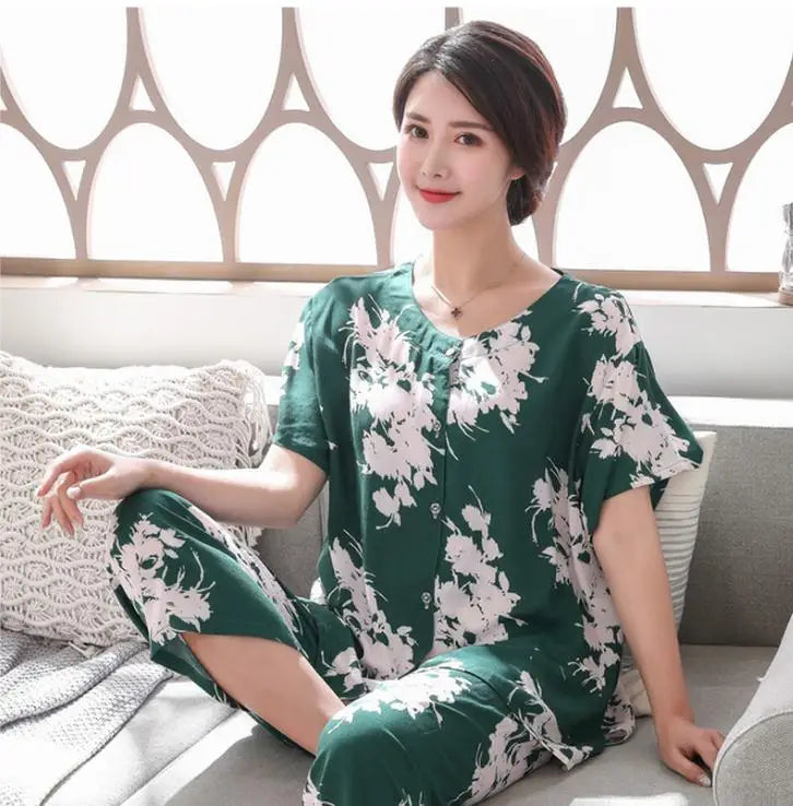 2PC Women Cotton Pajamas Set Summer New Thin Floral Short Sleeve Loose Sleepwear Casual Homewear Female Pyjamas  3XL