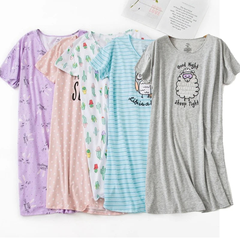 Brand Designer Homewear Women Casual Cartoon Nightgown Ladies Cotton Nightdress Female Round Collar High Quality Sleep Dress