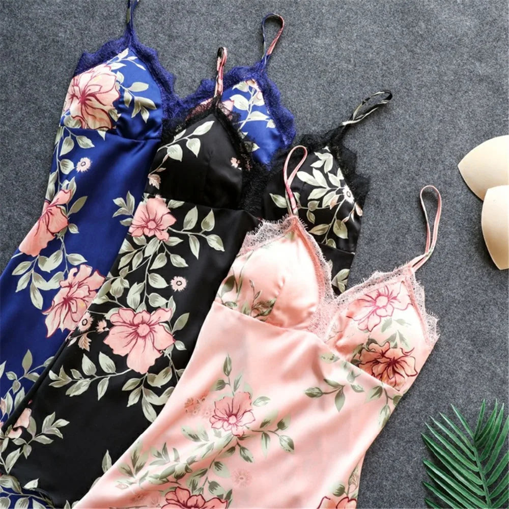 Daeyard Women's Pajamas Silk Floral Overall Print 5Pcs Pajama Set Satin Pyjamas Sexy Lace Pijama Nightie Sleepwear Home Clothes
