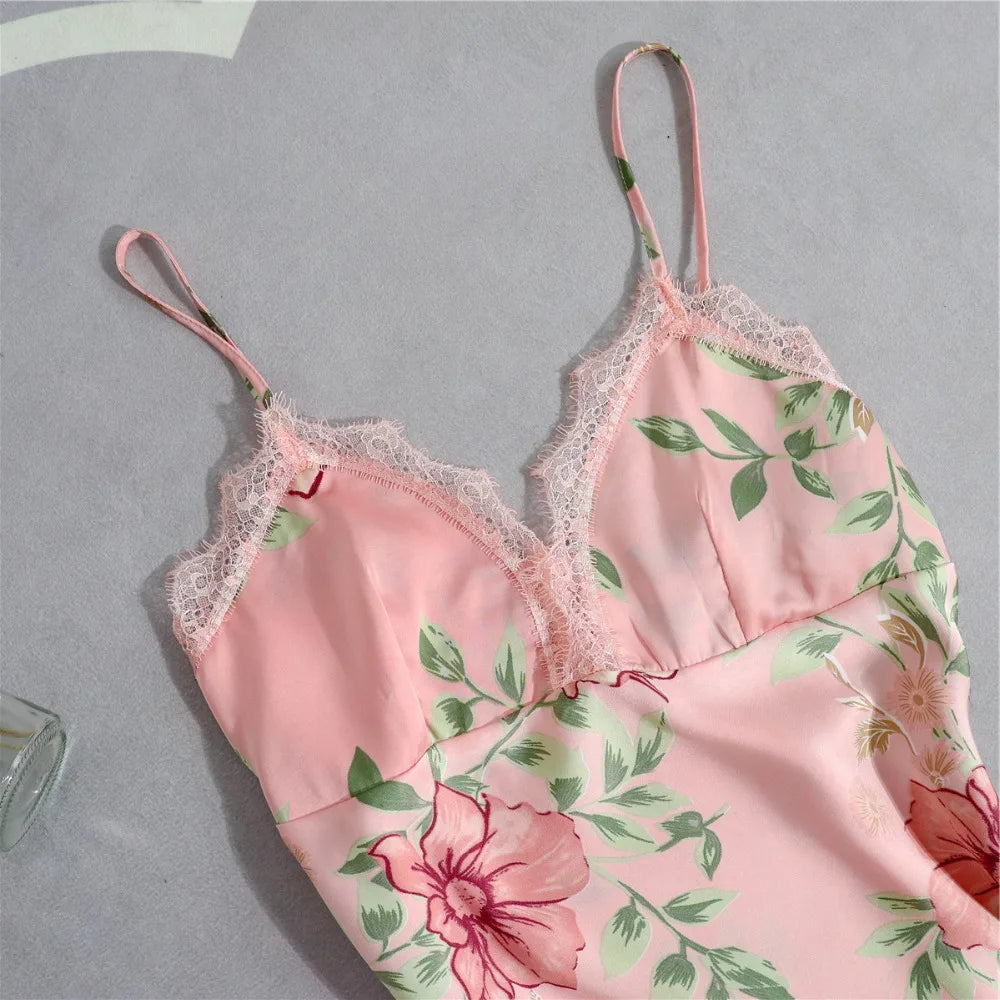 Daeyard Women's Pajamas Silk Floral Overall Print 5Pcs Pajama Set Satin Pyjamas Sexy Lace Pijama Nightie Sleepwear Home Clothes
