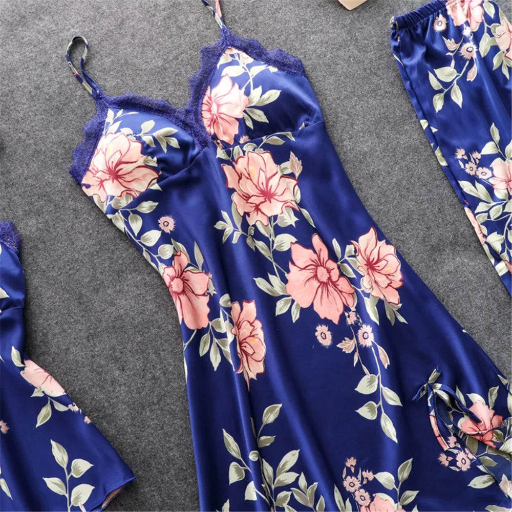 Daeyard Women's Pajamas Silk Floral Overall Print 5Pcs Pajama Set Satin Pyjamas Sexy Lace Pijama Nightie Sleepwear Home Clothes