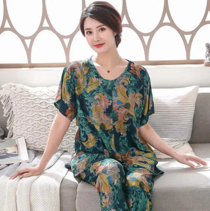 2PC Women Cotton Pajamas Set Summer New Thin Floral Short Sleeve Loose Sleepwear Casual Homewear Female Pyjamas  3XL