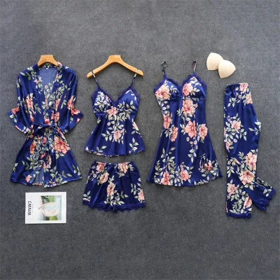 Daeyard Women's Pajamas Silk Floral Overall Print 5Pcs Pajama Set Satin Pyjamas Sexy Lace Pijama Nightie Sleepwear Home Clothes