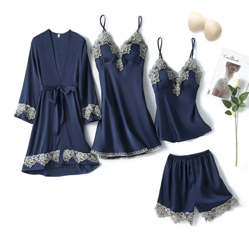 Pink Women Rayon 5PCS Robe Gown Sets Sexy Lace Floral Trim Bride Dressing Sleep Suit Loose Lingerie Pajamas Set Kimono Nightgown
