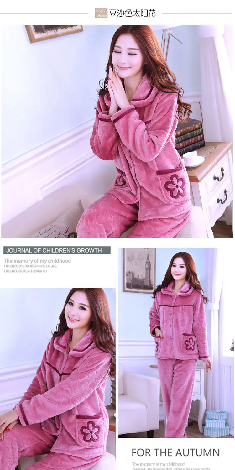 Winter Pajama Sets Women Single Breasted Tops Ankle Length Pants Thicker Cozy Nightwear Flannel Floral Warm Lounge Trendy Casual