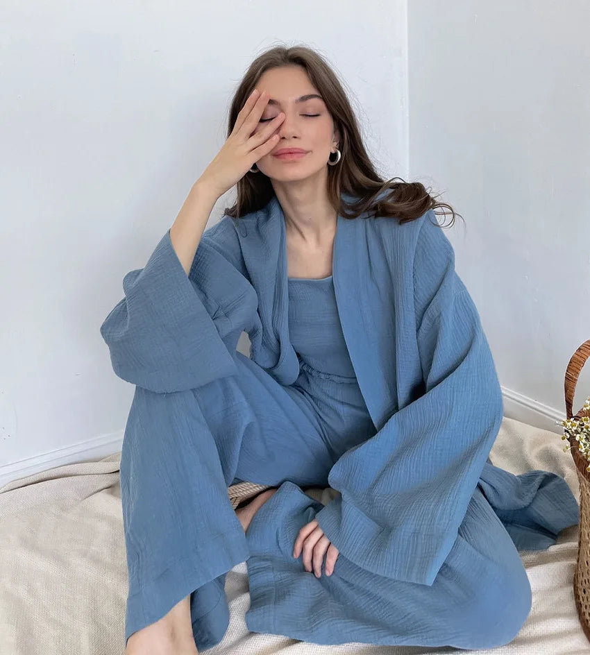 NHKDSASA Kimono Pajamas 2023 New 100% Cotton Crepe Long-Sleeved Trousers Ladies Sleepwear Suit Women's Home Service Mujer