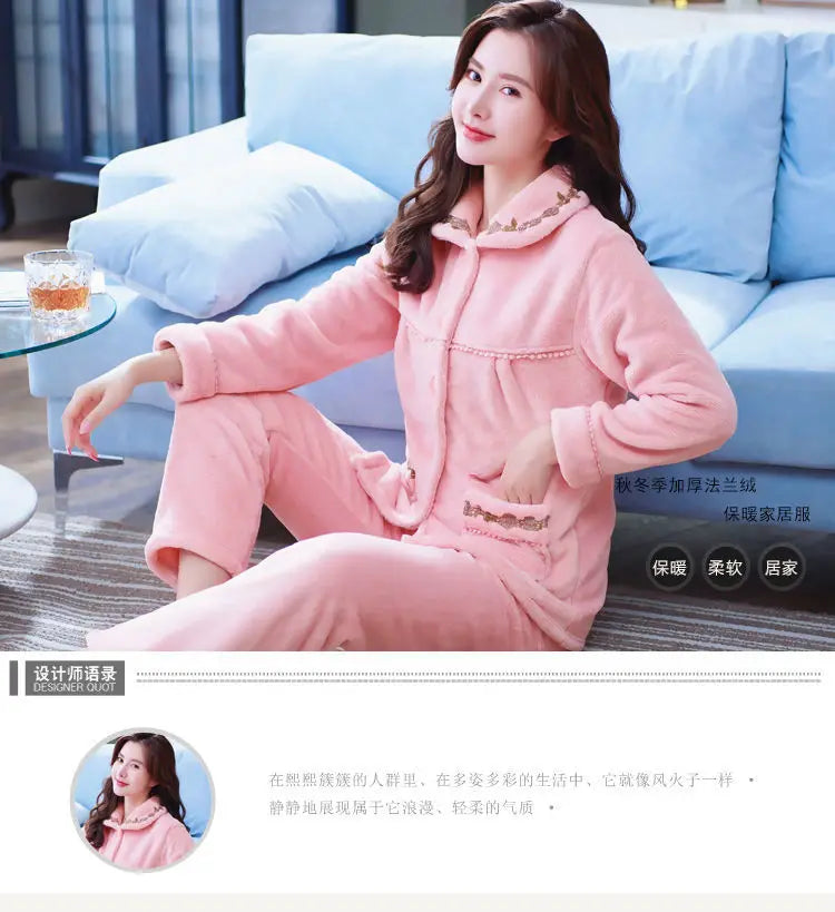 Winter Pajama Sets Women Single Breasted Tops Ankle Length Pants Thicker Cozy Nightwear Flannel Floral Warm Lounge Trendy Casual