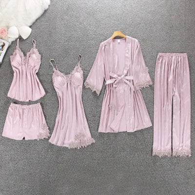 Daeyard Women's Pajamas Silk Floral Overall Print 5Pcs Pajama Set Satin Pyjamas Sexy Lace Pijama Nightie Sleepwear Home Clothes