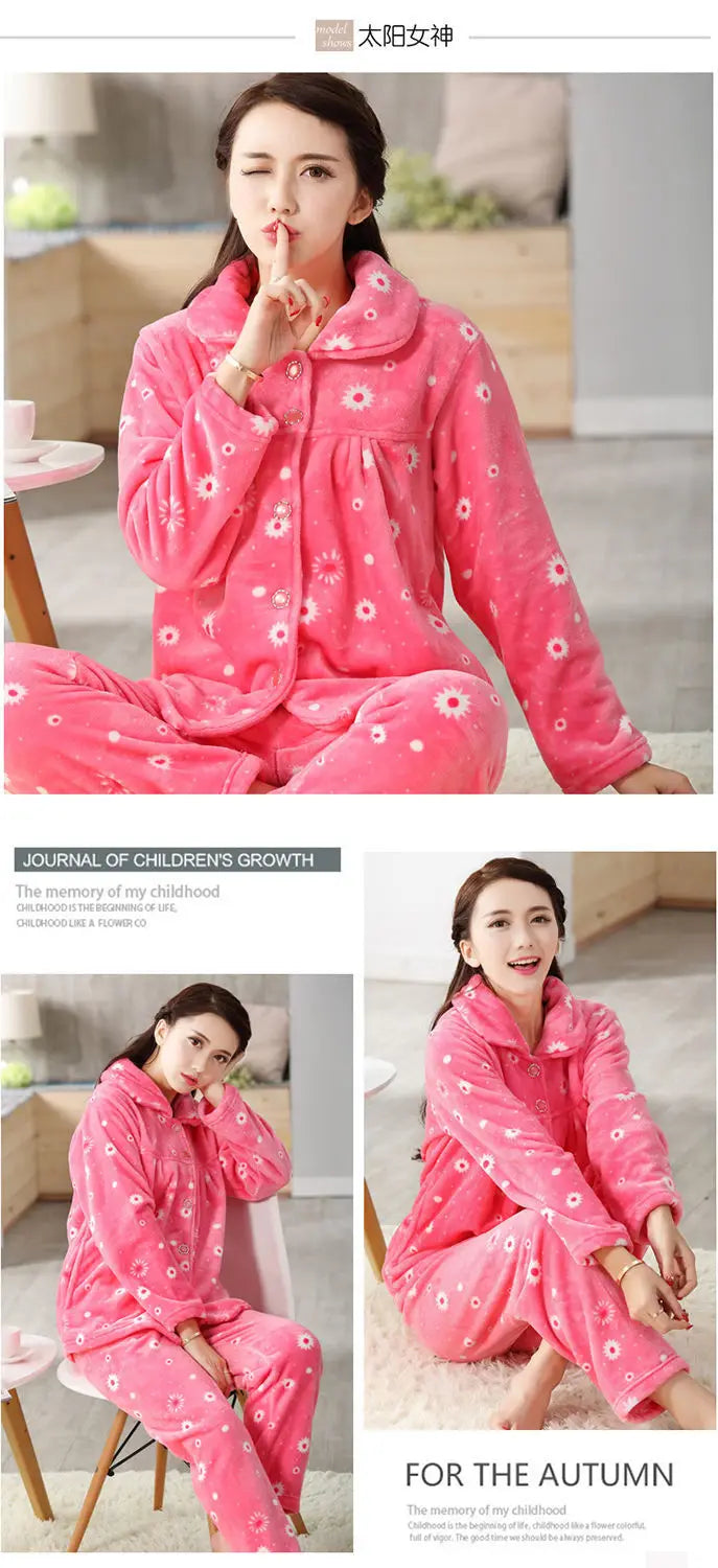 Winter Pajama Sets Women Single Breasted Tops Ankle Length Pants Thicker Cozy Nightwear Flannel Floral Warm Lounge Trendy Casual