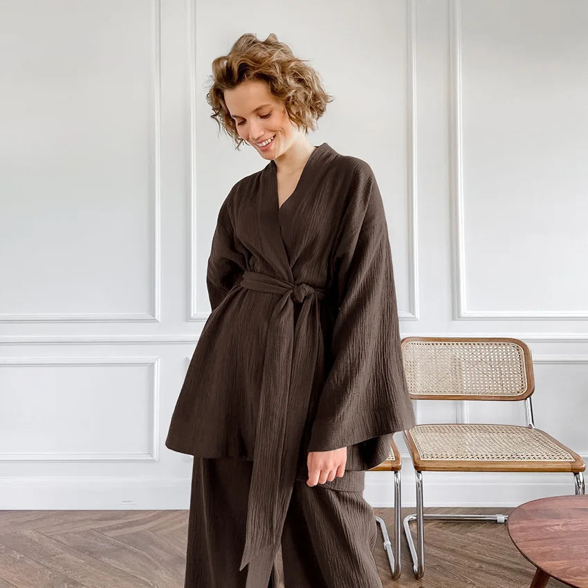 NHKDSASA Kimono Pajamas 2023 New 100% Cotton Crepe Long-Sleeved Trousers Ladies Sleepwear Suit Women's Home Service Mujer
