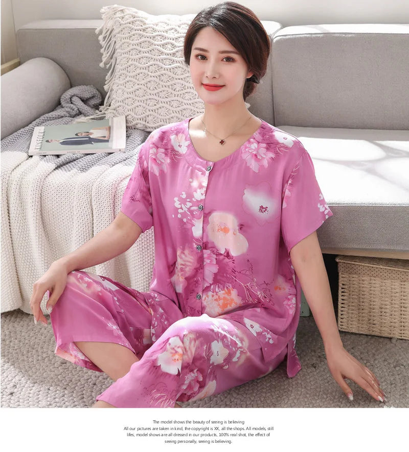 2PC Women Cotton Pajamas Set Summer New Thin Floral Short Sleeve Loose Sleepwear Casual Homewear Female Pyjamas  3XL