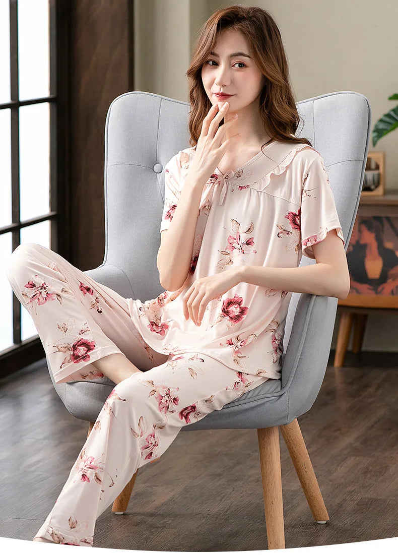 Fashion Summer Small Floral Pyjamas Women Nightgown Big Yards 4XL Sleepshirts Short-Sleeve Nightie Pajama Modal Cotton Sleepwear